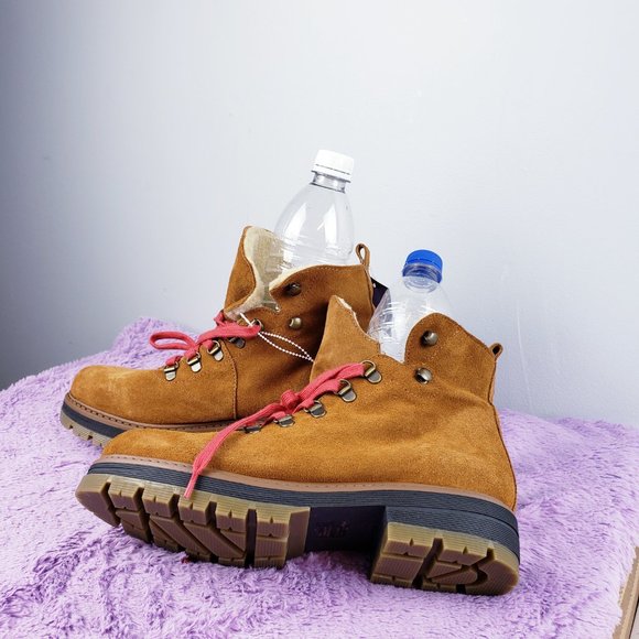 MADE IN SPAIN CALF LEATHER+SHERPA FUR LINED Cognac Hiker Alpine Snow Boot 39 NEW - Picture 3 of 7